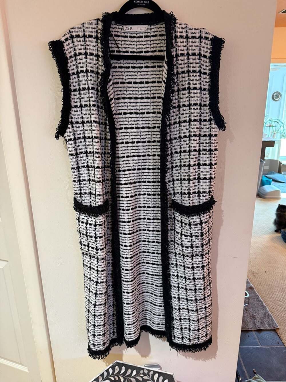 Zara Women’s S Black White Tweed Boucle Long Vest Fringe Open Front Pockets